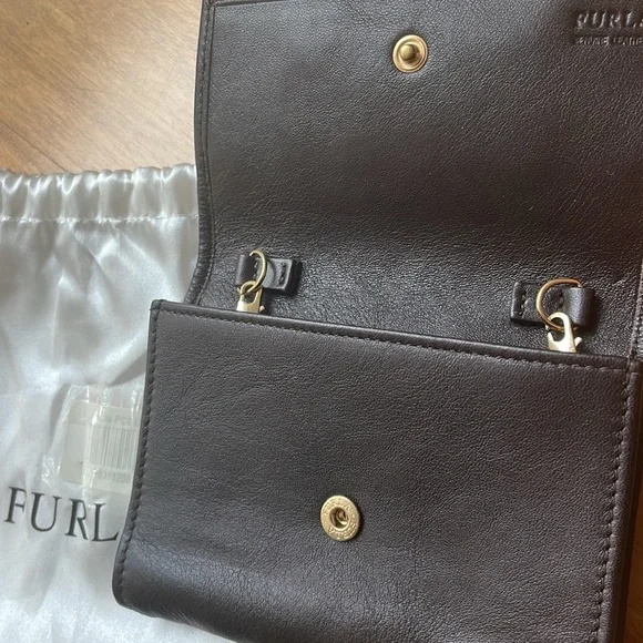 Furla brown crossbody mini wallet bag with gold chain
